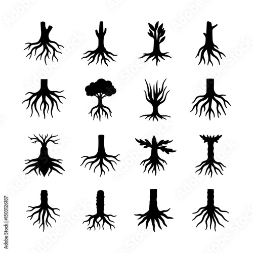 Collection of Black Tree and Root Silhouettes Illustrating Plant Growth Above and Below Ground