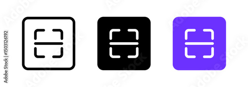 Scan frame icon set representing QR code scanning, barcode reading, or augmented reality frame in minimalistic design with black, white, and purple variations