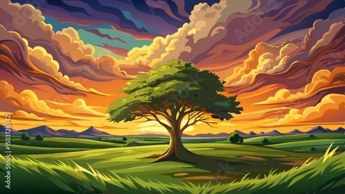 View of Lone tree in a vibrant green field at sunset with a dramatic cloudy sky above it vector background landscape