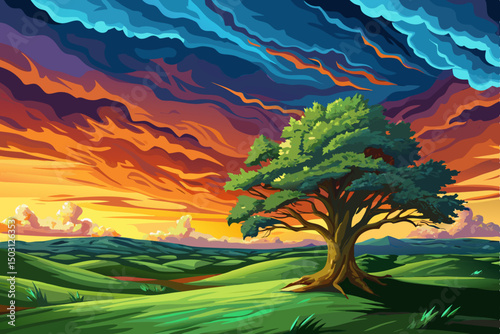 View of Lone tree in a vibrant green field at sunset with a dramatic cloudy sky above it vector background landscape