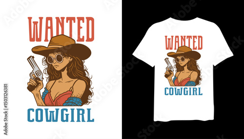 Wanted cowgirl design illustration for t-shirt design, and for cowgirl t-shirt, western poster. Desert adventure t-shirt design. western vintage print design for t shirt