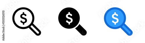 Magnifying glass icon with dollar sign, representing financial search, money analysis, or economic research in minimalistic design with black, white, and blue variations