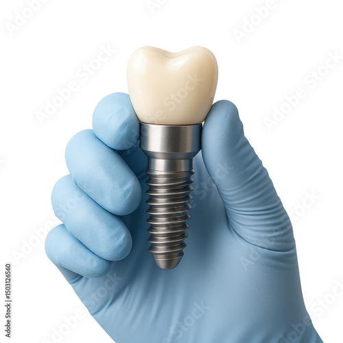 Dental implant held in gloved hand, showcasing its metallic base and ceramic crown, symbolizes modern dental solutions and oral health