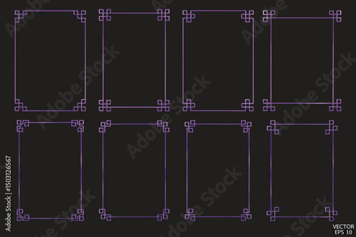 Simple purple geometric frames are isolated on black background. Luxury purple borders for invitations, luxury templates, and decorative patterns. Chinese border design. 3D vector illustration.