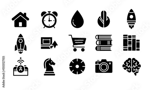 The set includes icons for home, alarm, water, nature, rockets, technology (laptop, Wi-Fi), e-commerce (shopping cart), education (books), strategy (chess knight), media (CD, camera), and intelligence