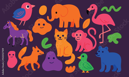 Colorful cartoon animals collection. Set includes cat, horse, elephant, flamingo, bear, monkey, fox, bird, duck, abstract blobs and decorative leaves. Bright flat style design