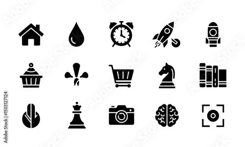 The set includes icons for home, alarm, water, nature, rockets, technology (laptop, Wi-Fi), e-commerce (shopping cart), education (books), strategy (chess knight), media (CD, camera), and intelligence