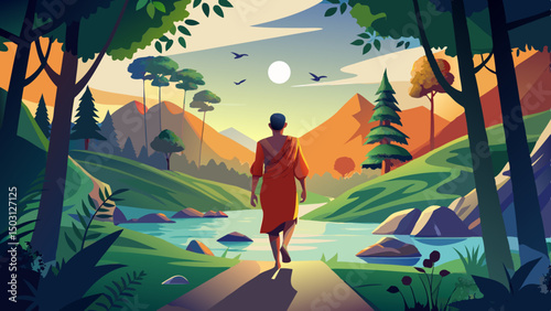 Rishi Munis is walking barefoot in a dense forest at sunrise