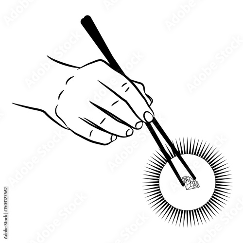Human hand holding shining diamond gem with chopsticks. Creative concept. Black and white silhouette.