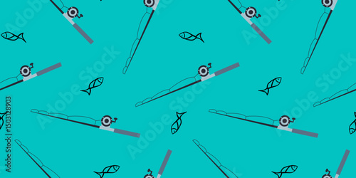 seamless fishing rods spinning reels and fish pattern on blue background flat illustration