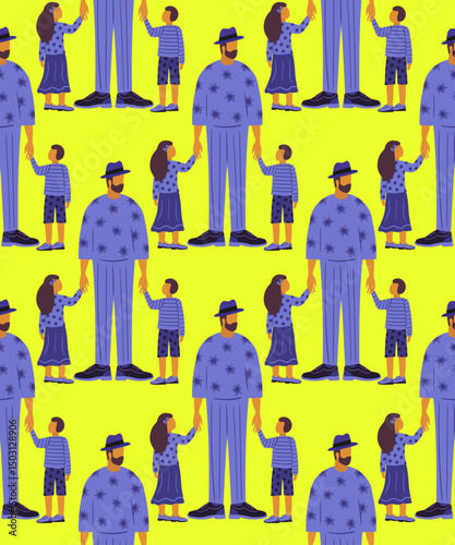 seamless father with children holding hands pattern on yellow background flat abstract simple illustration poster