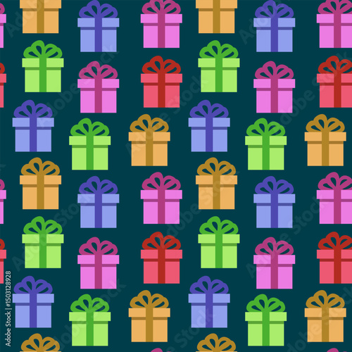 seamless colorful gift presents pattern on dark emerald background flat illustration