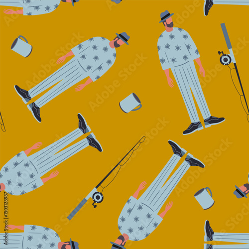 seamless pattern of men fishing with rods and mugs on yellow background flat abstract simple illustration