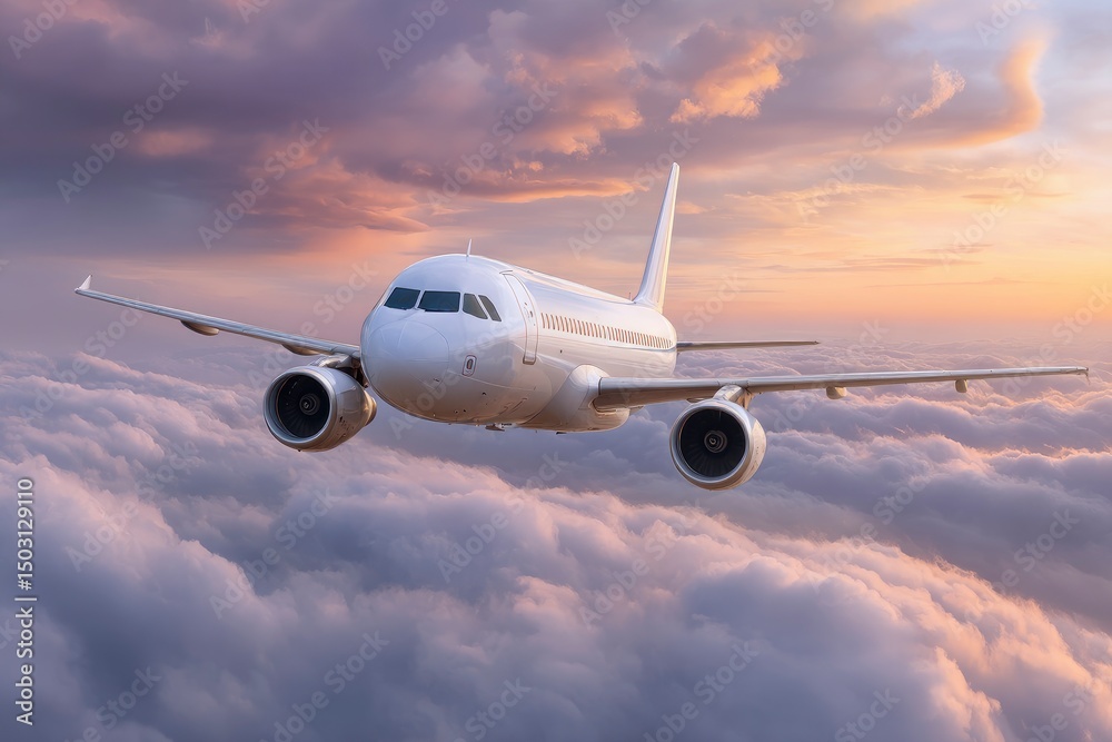 Obraz premium Airplane Soaring Above Clouds: Serene Sunset Flight