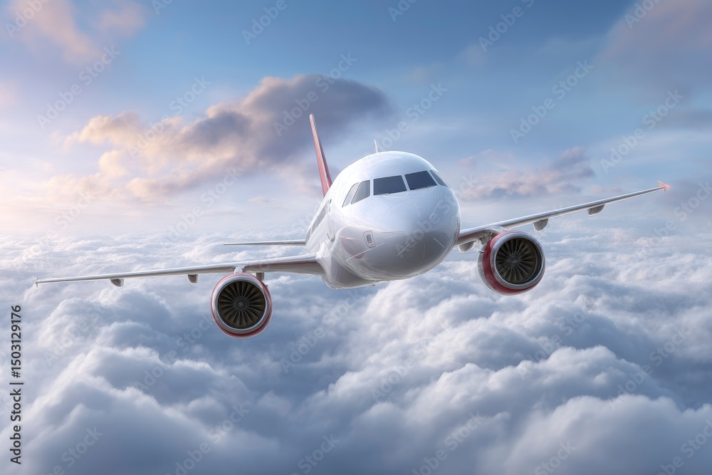 Naklejka premium Airplane Soaring Above Clouds: Serene Flight in a Dreamlike Sky