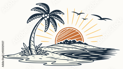 Palm Island Sunset Illustrations – Tropical Beach & Ocean Scenes