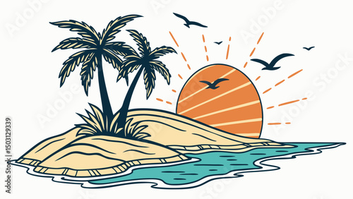 Palm Island Sunset Illustrations – Tropical Beach & Ocean Scenes