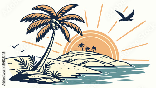 Palm Island Sunset Illustrations – Tropical Beach & Ocean Scenes
