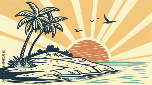 Palm Island Sunset Illustrations – Tropical Beach & Ocean Scenes