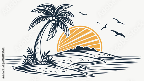 Palm Island Sunset Illustrations – Tropical Beach & Ocean Scenes