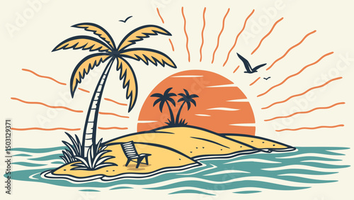 Palm Island Sunset Illustrations – Tropical Beach & Ocean Scenes