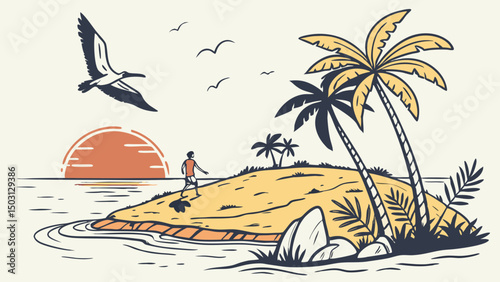 Palm Island Sunset Illustrations – Tropical Beach & Ocean Scenes