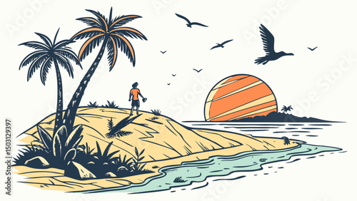 Palm Island Sunset Illustrations – Tropical Beach & Ocean Scenes