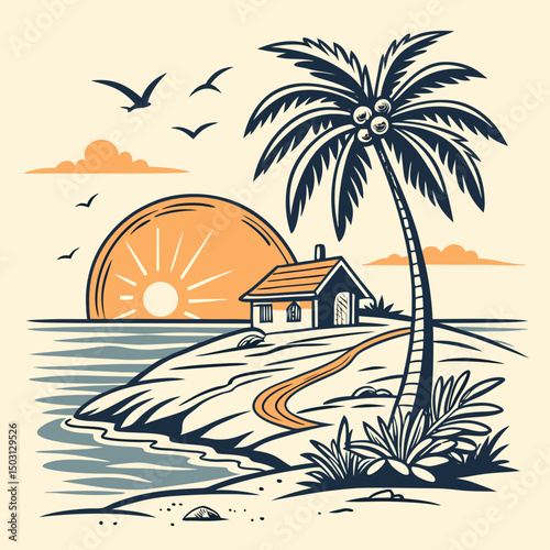 Palm Island Sunset Illustrations – Tropical Beach & Ocean Scenes