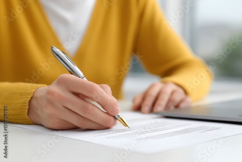 Close-up of Hand Signing Document: Silver Pen, Yellow Sweater, Serene Mood