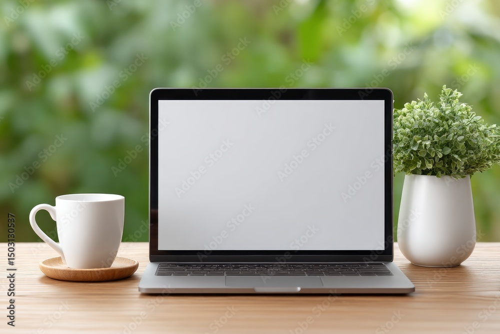 Fototapeta premium Serene Laptop Workspace: Blank Screen, Coffee, Plant, Natural Light