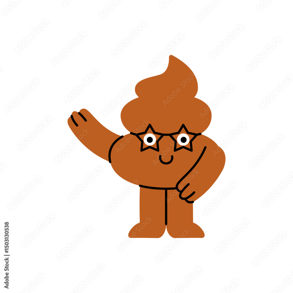 Obraz premium Happy cartoon poop character smiling and waving hand in friendly gesture. Vector illustration.