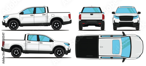 Car Vector Pickup Ridgeline - Mockup car vector for branding on isolated white background. Side, Front, Rear, Top Views