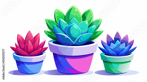 Three potted succulents display vibrant blue, green, and red hues on a clean white background, capturing their unique shapes and colors in a fresh, minimalist vector illustration style.