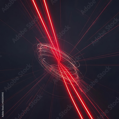Red glowing beams penetrate concentric circles forming an abstract space in a dark background