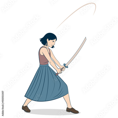 Vector illustration of a young woman in a skirt swinging a katana with focus and strength. Dynamic pose, flat style. Concept of determination, action, female warrior.