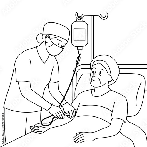 Nurse administering IV drip to elderly patient in hospital bed. Clean medical illustration with minimal line style.