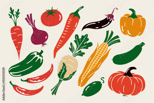 Vibrant Vegetable Illustration Collection: Carrots, Peppers, Pumpkins