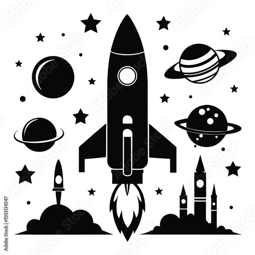 Black and white rocket ship and space elements exploring the vast starry universe