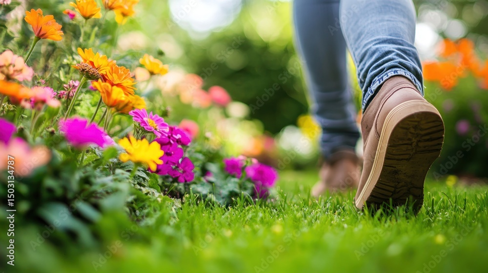 Walking through vibrant flower garden Walking through vibrant flower garden