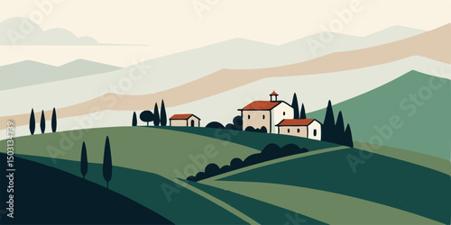 Tuscan Countryside Landscape: Rolling Hills, Houses, and Trees