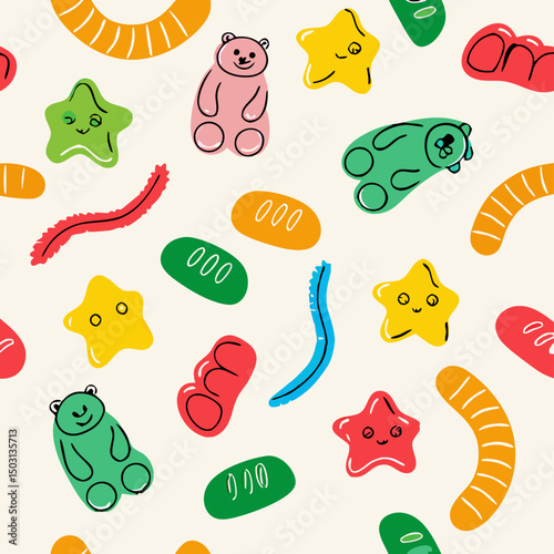 Colorful Gummy Candy Seamless Pattern: Bears, Stars, Worms