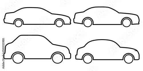 Car Set Design Showing the Different Shapes and Styles of Cars Featuring Black and Gray Colors on a White Background, Ideal for Graphics, Icons, and Design Elements.	