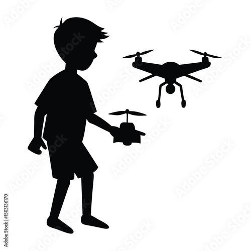 Boy silhouette with drones represents remote control technology and modern aerial devices