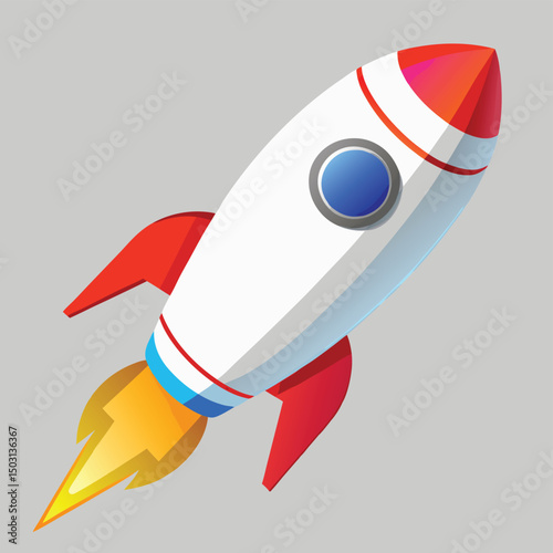 Cartoon rocket ship with flames ascending into space against a solid gray background