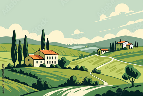 Tuscan Countryside Landscape: Rolling Hills, Villas, and Cypress Trees