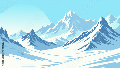 Snowy Mountain Range Landscape, Winter Scene Illustration