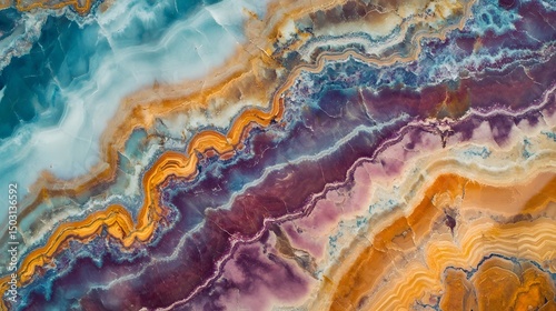 Colorful rock formations show layers of blue, purple, orange, and white. The patterns create an eye-catching geological display.