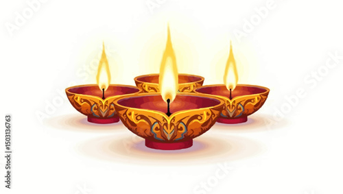 Group of traditional Diwali diyas with golden flames, beautifully lit and symbolizing prosperity and joy during the festival.