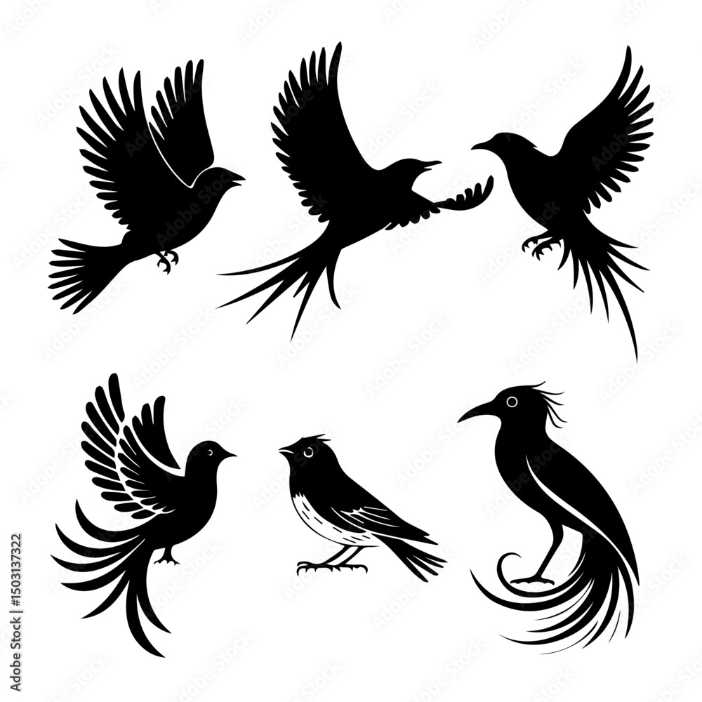 Fototapeta premium Collection of six unique bird silhouettes in various poses, including perched and flying forms, rendered in black on white, showcasing avian diversity and graphic elegance.