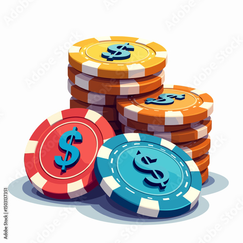 Bright colored casino poker chips with dollar signs, stacked in piles and isolated on white.